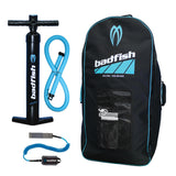 Hand pump with pressure gague, ankle leash, and compartmented travel bag included with Badfish Monarch.