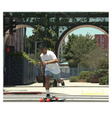 UNRIVALED CONTROL

The Tangent is easy to control even at high commuting speeds thanks to its lower ride height and rocker profile, which wedges the trucks slightly for tighter turning. The extra 3″ of board length makes it more stable and accommodates a larger audience. The mega-upturned/lifted corners provide a palpable reference point for foot positioning and to prevent foot bite. Don't turn your feet into street meat!
