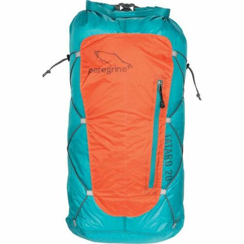 Peregrine Dry Pack "Tataro" 20L, Blue and Orange, view of zippered back and side cording