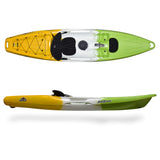Feelfree Juntos Kayak, Melon color; lime green fore, white in the center, and melon orange aft of seat. with clip-in seat, wheel in the keel, and forward jump seat. Center hatch with cover. Rear storage area with bungee.