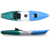Feelfree Juntos Kayak, Ice Cool color; blue in front, white in the center, and teal aft of seat. With clip-in seat, wheel in the keel, and forward jump seat. Center hatch with cover. Rear storage area with bungee.