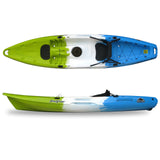 Feelfree Juntos Kayak, Field & Stream color; lime green fore, white in the center, and blue aft of seat. with clip-in seat, wheel in the keel, and forward jump seat. Center hatch with cover. Rear storage area with bungee.