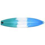 Feelfree Juntos Kayak, Ice Cool color, bottom view; blue bow, white center, and deep teal aft of the seat. Wheel in the keel. Note six scupper "holes" that support the deck structure and allow water to shed from the cockpit seating area, as well as from the aft storage well.