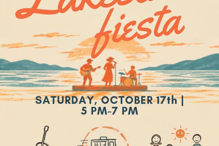 Lakeside Fiesta poster with band, taco truck, family icons, and event details for October 17th, 5-7 PM.